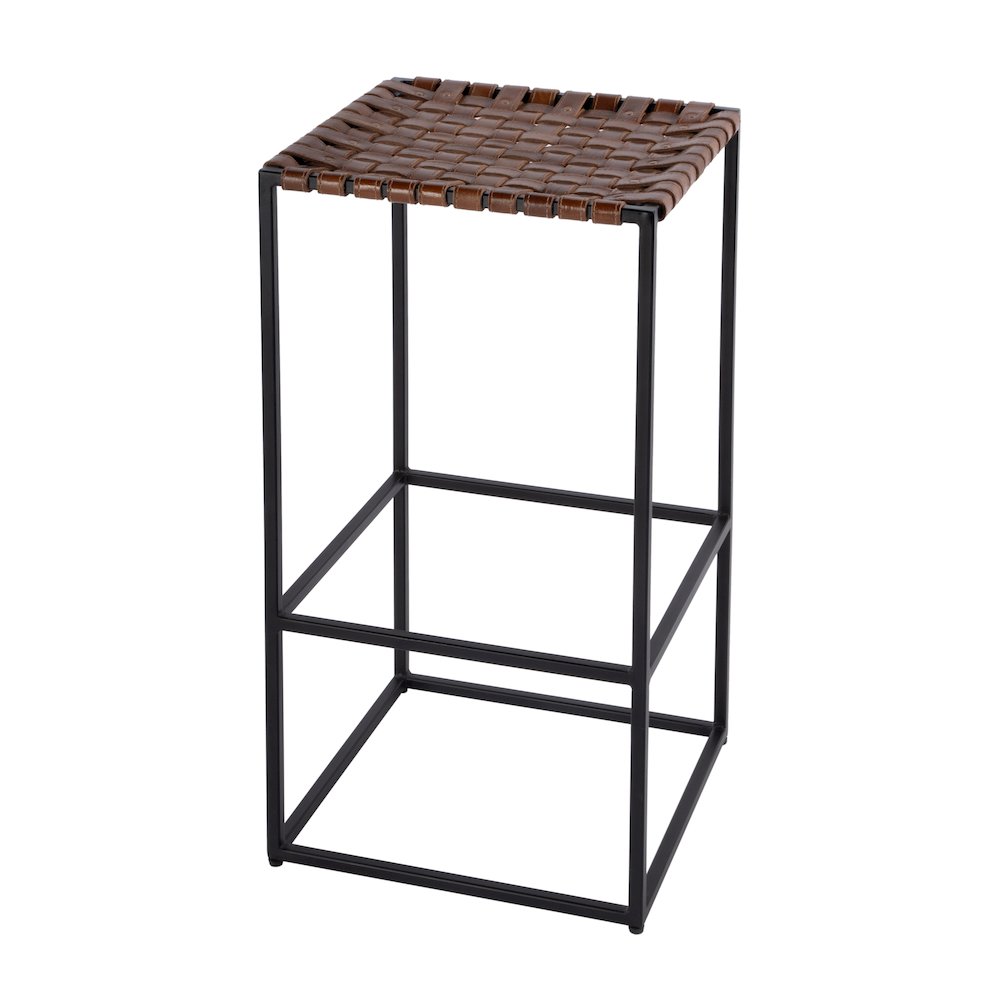 30 in. Seat Height Leather and Iron Backless Bar Stool with Footrest, Brown