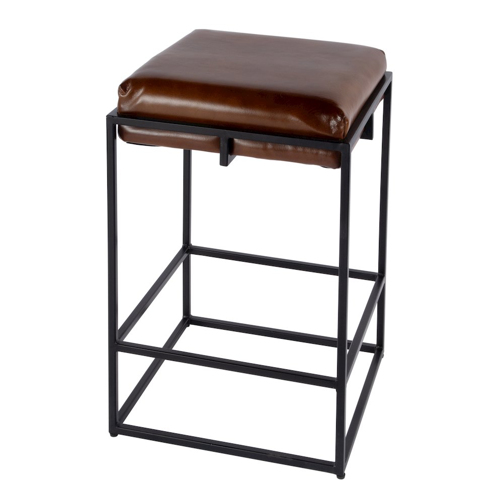 26 in. Seat Height Leather and Iron Backless Counter Height Stool with Footrest