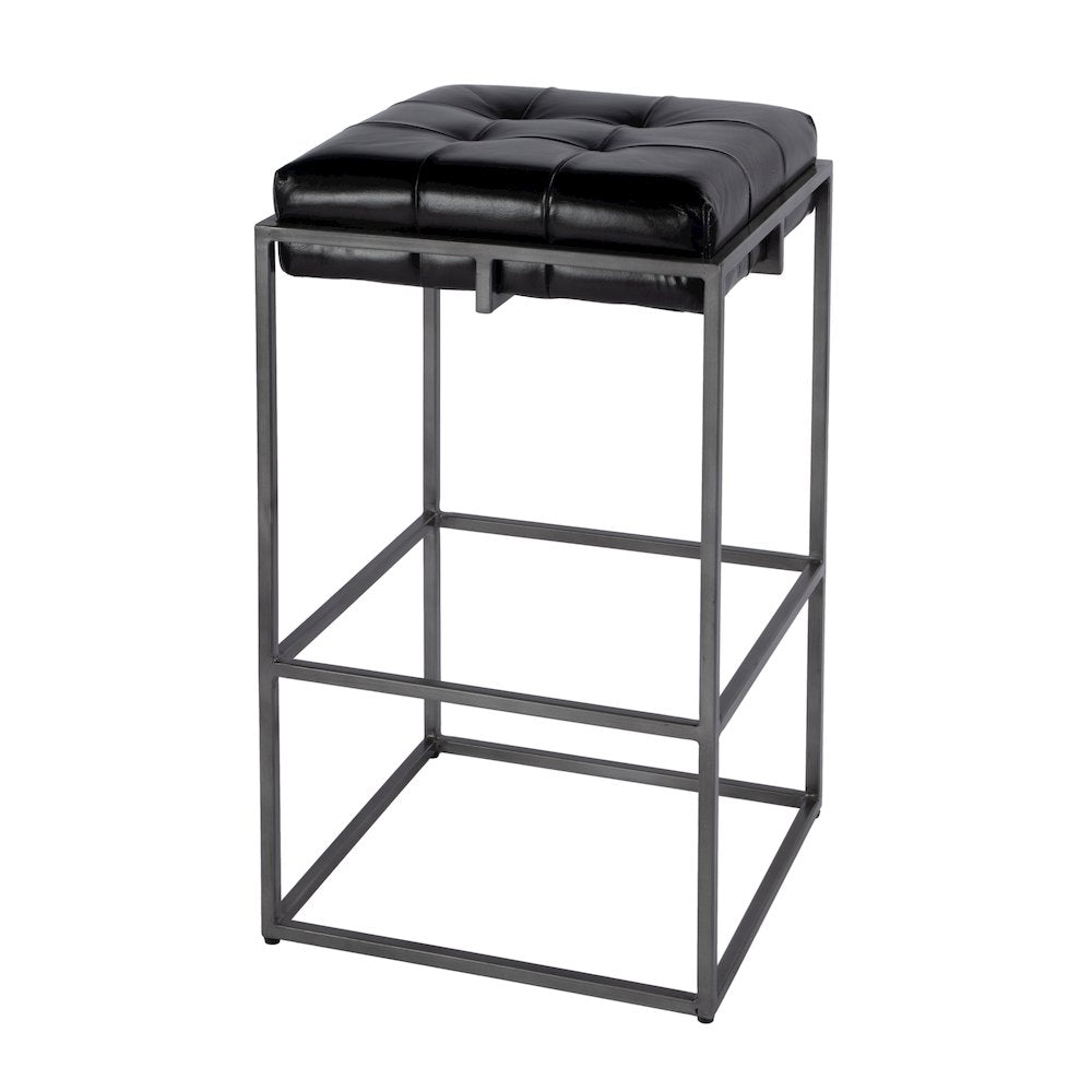 31 in. Seat Height Tufted Leather and Iron Backless Bar Height Stool, Footrest