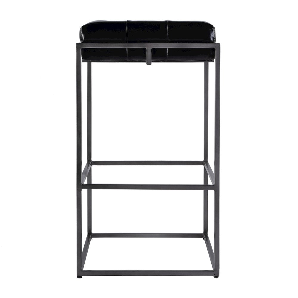 31 in. Seat Height Tufted Leather and Iron Backless Bar Height Stool, Footrest