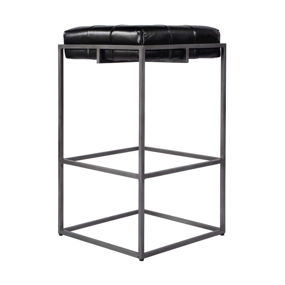 31 in. Seat Height Tufted Leather and Iron Backless Bar Height Stool, Footrest