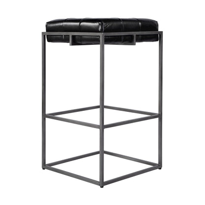 31 in. Seat Height Tufted Leather and Iron Backless Bar Height Stool, Footrest