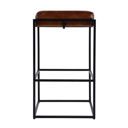31 in. Seat Height Leather and Iron Backless Bar Height Stool with Footrest