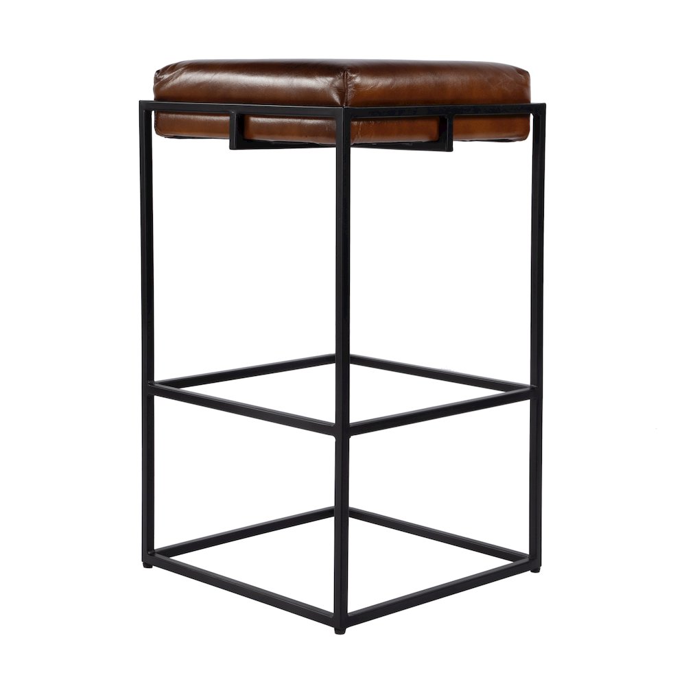 31 in. Seat Height Leather and Iron Backless Bar Height Stool with Footrest