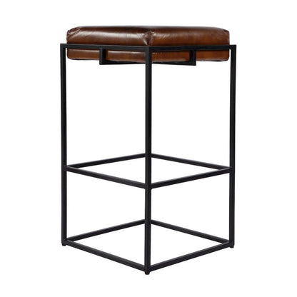 31 in. Seat Height Leather and Iron Backless Bar Height Stool with Footrest