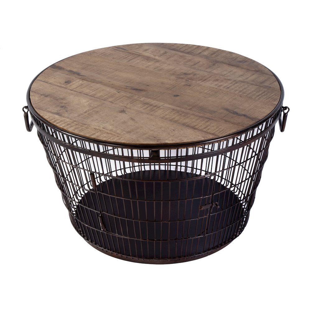 Fulton 28 in. W Round Iron and Wood Coffee Table, Brown