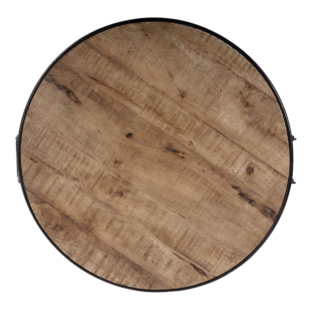 Fulton 28 in. W Round Iron and Wood Coffee Table, Brown
