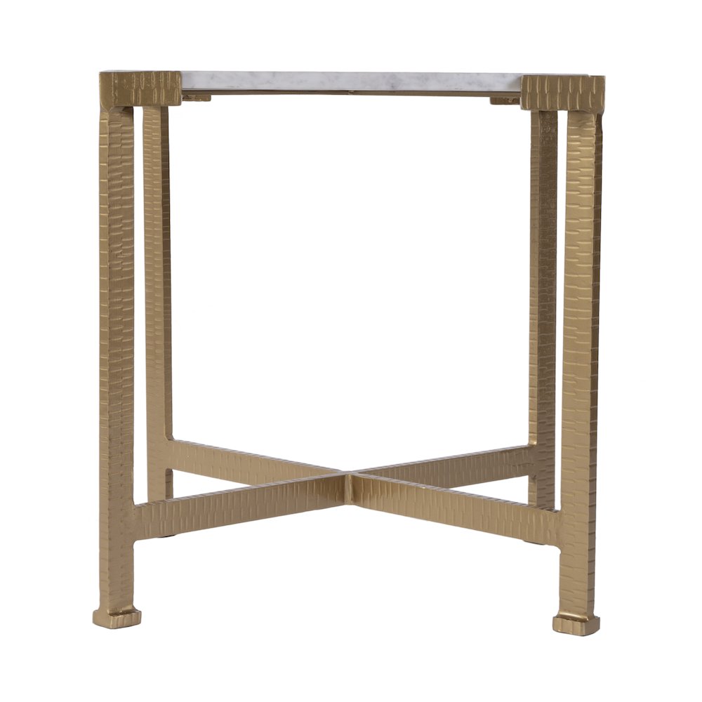 Loric 18 in. W Square Iron and Marble Side Table, White, Antique Gold