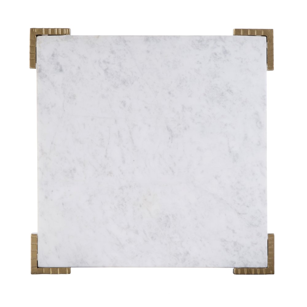 Loric 18 in. W Square Iron and Marble Side Table, White, Antique Gold