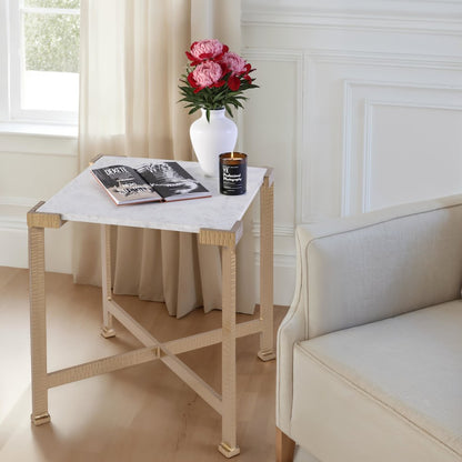 Loric 18 in. W Square Iron and Marble Side Table, White, Antique Gold