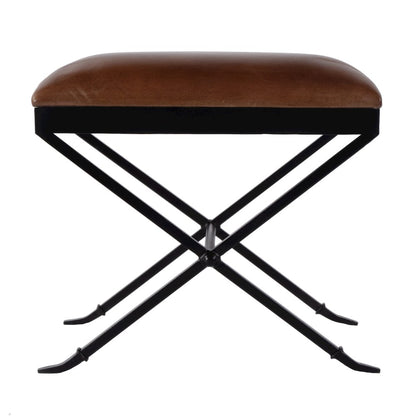 Livingston 20 in. W Leather and Iron Upholstered Accent Stool, Brown, Black
