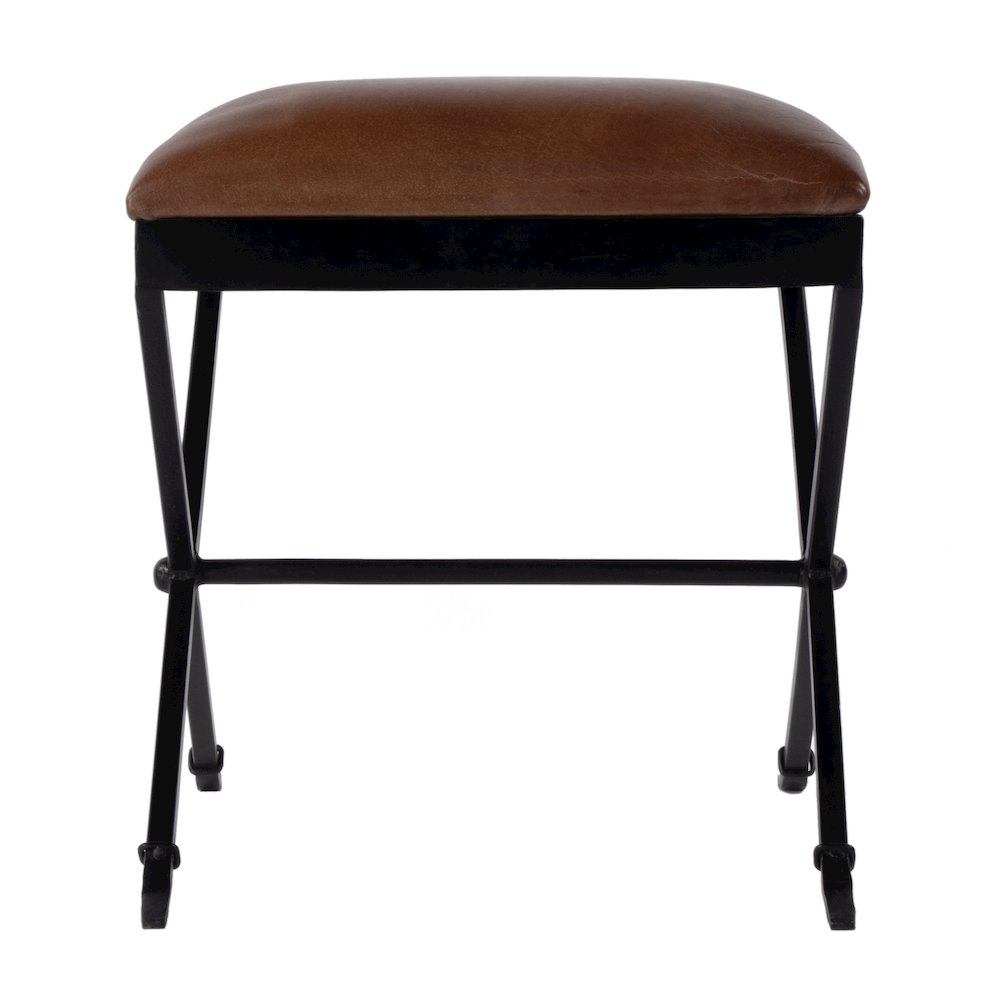 Livingston 20 in. W Leather and Iron Upholstered Accent Stool, Brown, Black