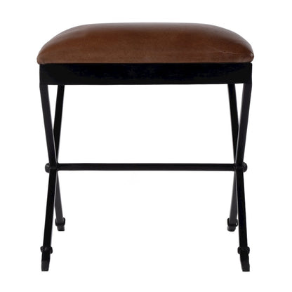 Livingston 20 in. W Leather and Iron Upholstered Accent Stool, Brown, Black