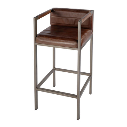 Dennis 31 in. Seat Height Leather and Iron Accent Stool with Low Back, Brown
