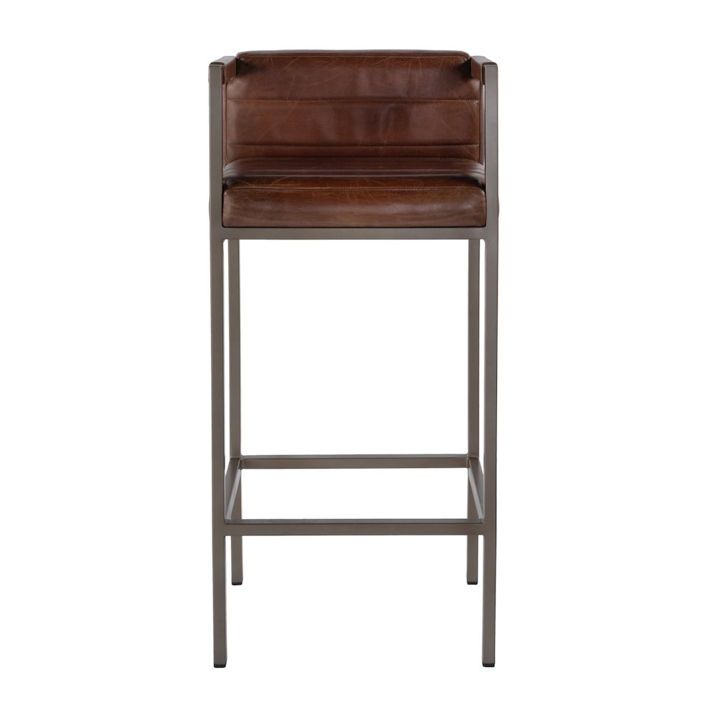 Dennis 31 in. Seat Height Leather and Iron Accent Stool with Low Back, Brown
