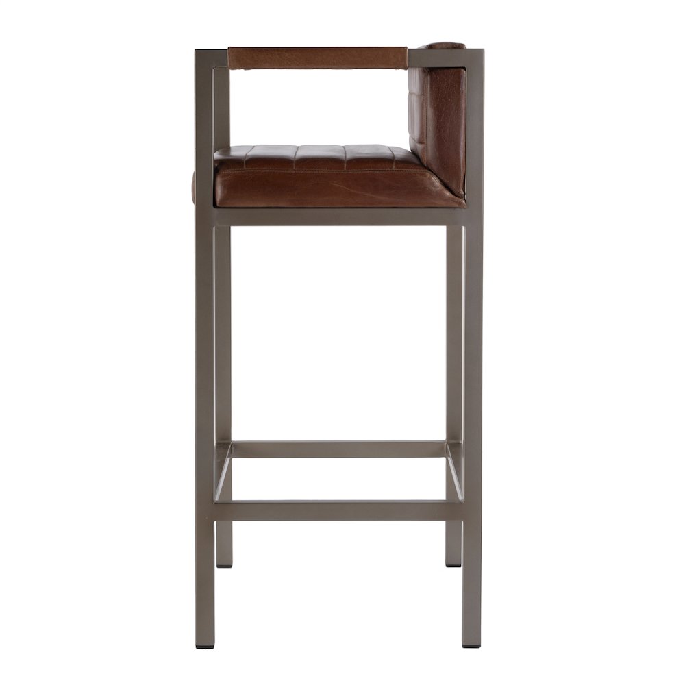 Dennis 31 in. Seat Height Leather and Iron Accent Stool with Low Back, Brown
