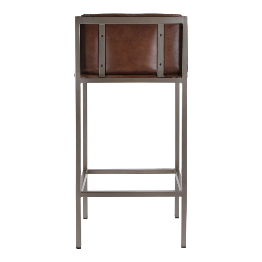 Dennis 31 in. Seat Height Leather and Iron Accent Stool with Low Back, Brown