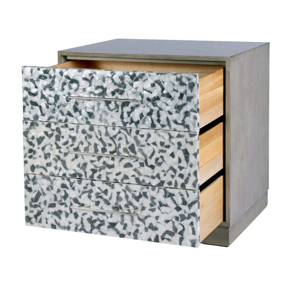 Maganda 32 in. W Wood and Tortoise Capiz 3 Drawer Chest, Gray