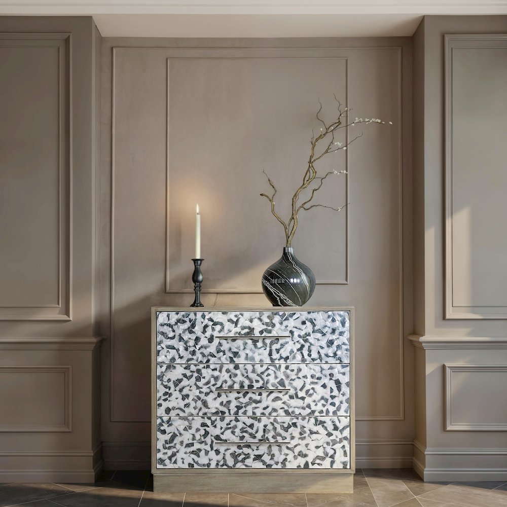 Maganda 32 in. W Wood and Tortoise Capiz 3 Drawer Chest, Gray