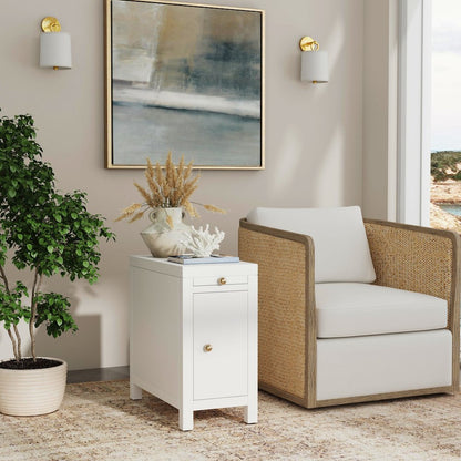 Nora 12 in. W Rectangular Wood 1 Door Narrow End Table with Pull-Out Tray, White