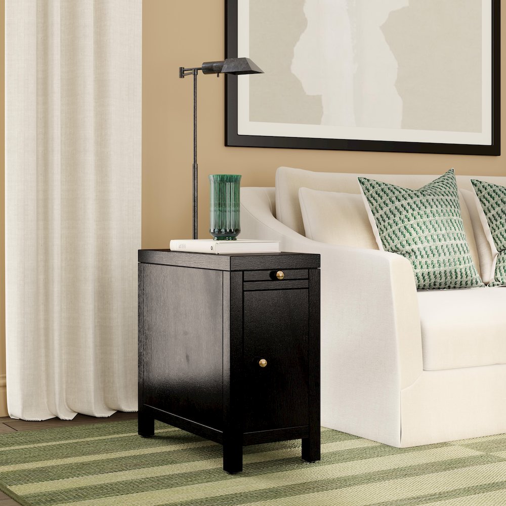 12 in. W Rectangular Wood 1 Door Narrow End Table with Pull-Out Tray, Coffee