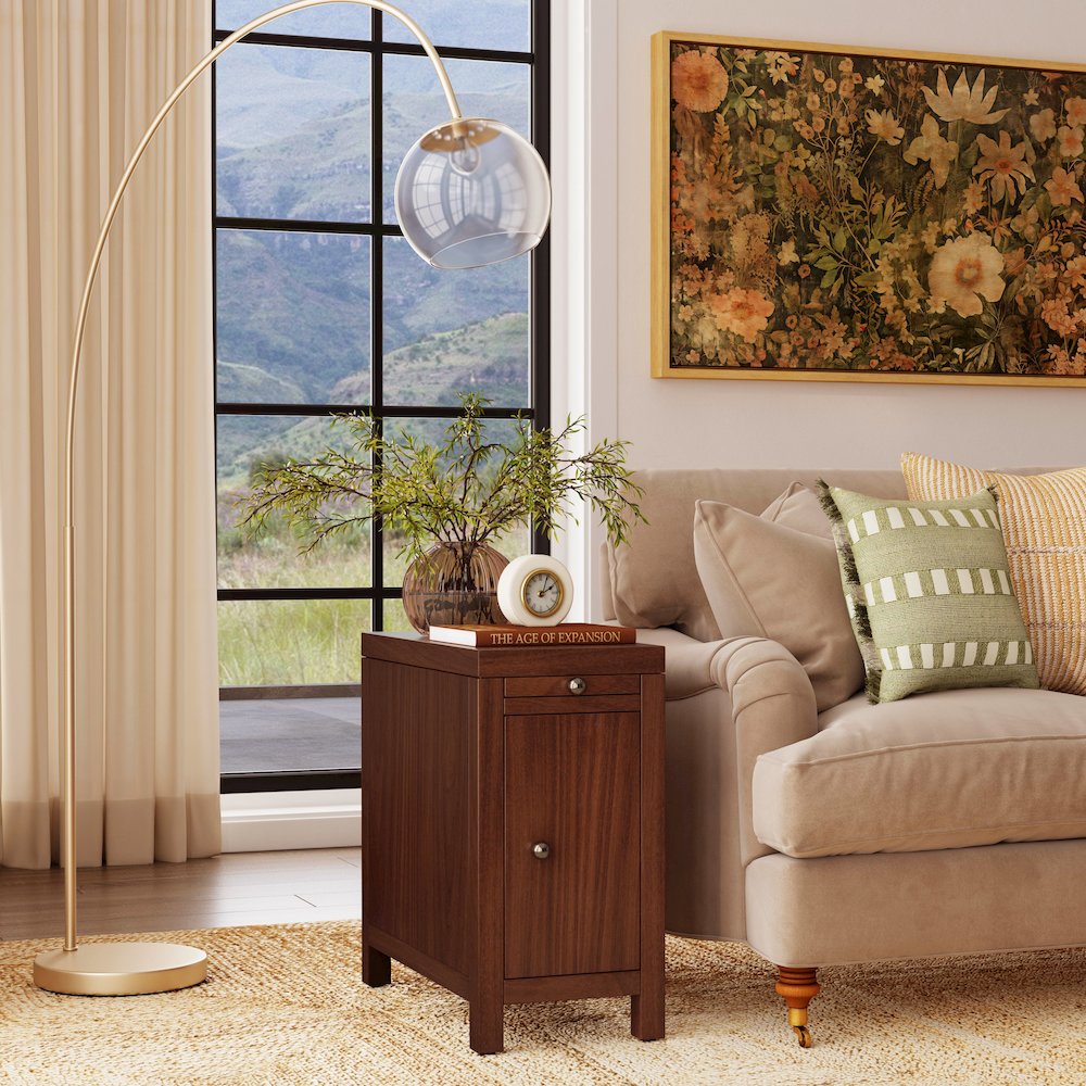 12 in. W Rectangular Wood 1 Door Narrow End Table with Pull-Out Tray