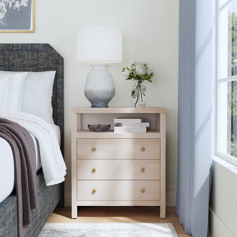 Nora 27 in. W Wood 3 Drawer Tall Nightstand with Shelf, Taupe