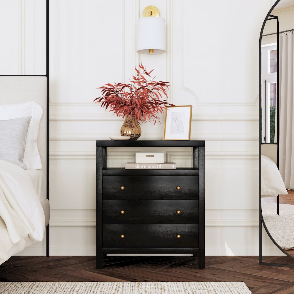 27 in. W Rectangular Wood 3 Drawer Tall Nightstand with Open Shelf on Top