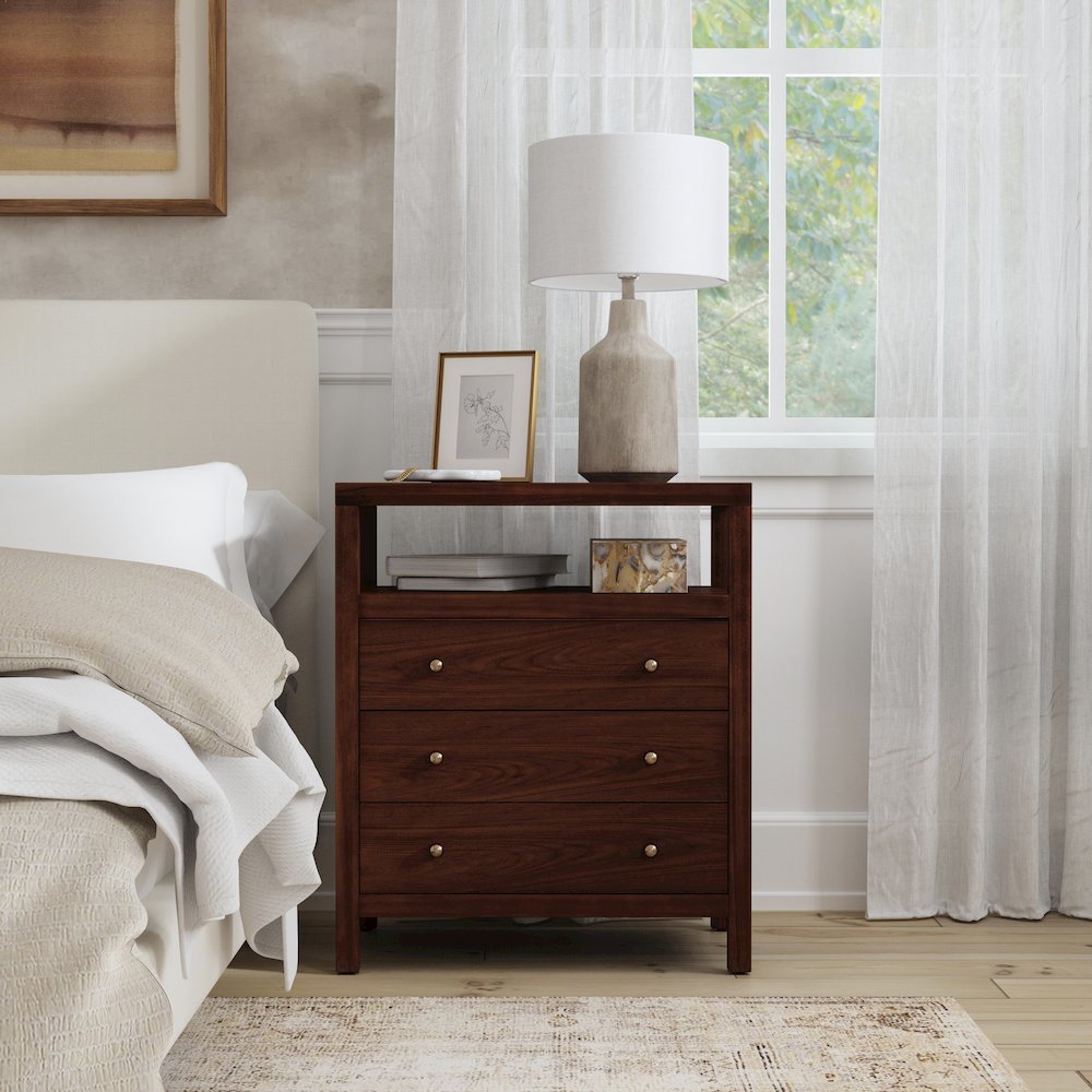 27 in. W Rectangular Wood 3 Drawer Tall Nightstand with Open Shelf on Top
