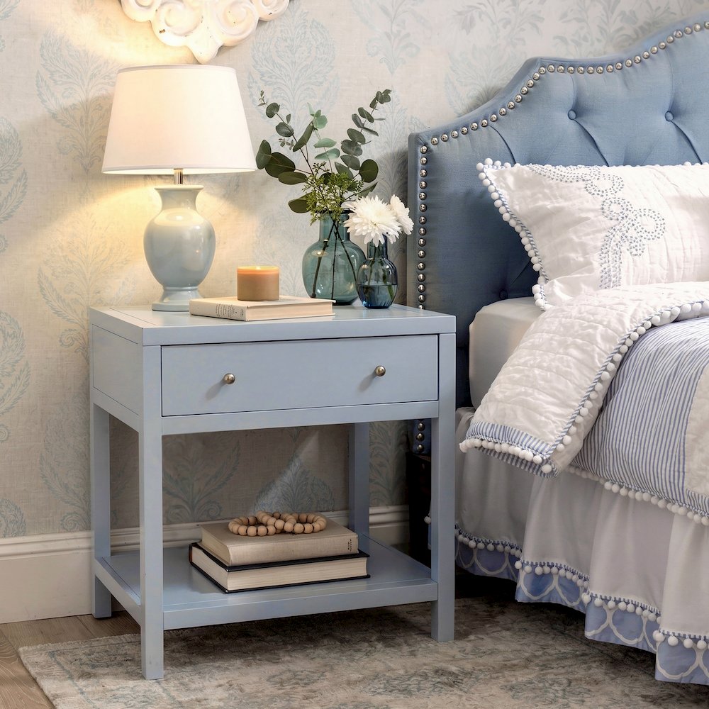 Nora 30 in. W Wood 1 Drawer Wide Nightstand with Shelf, Light Blue