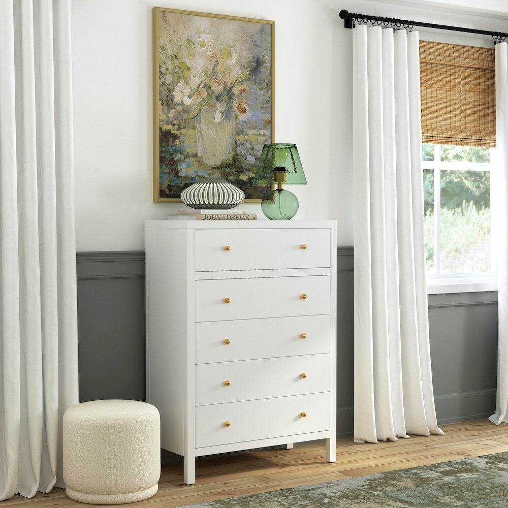 Nora 36 in. W Rectangular Wood 5 Drawer Tall Dresser, Smooth White