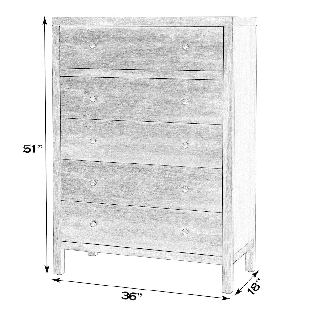 Nora 36 in. W Rectangular Wood 5 Drawer Tall Dresser, Taupe