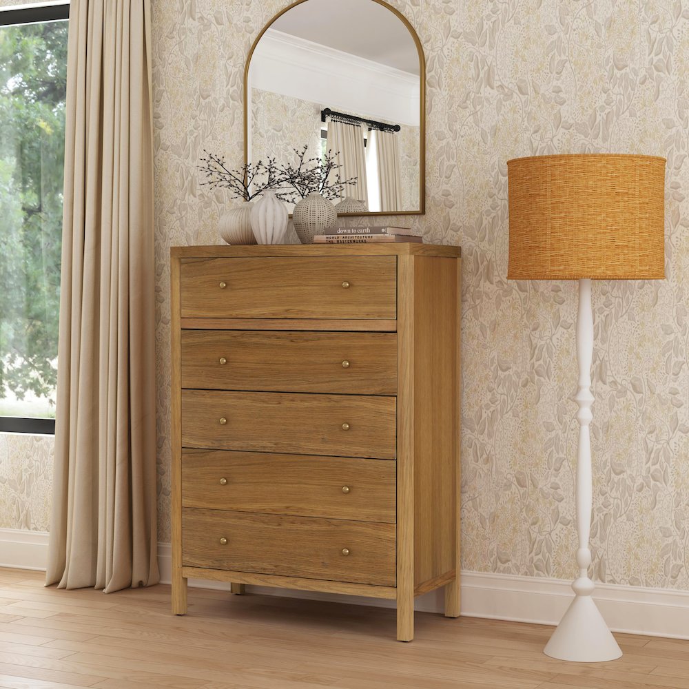 Nora 36 in. W Rectangular Wood 5 Drawer Tall Dresser, Natural