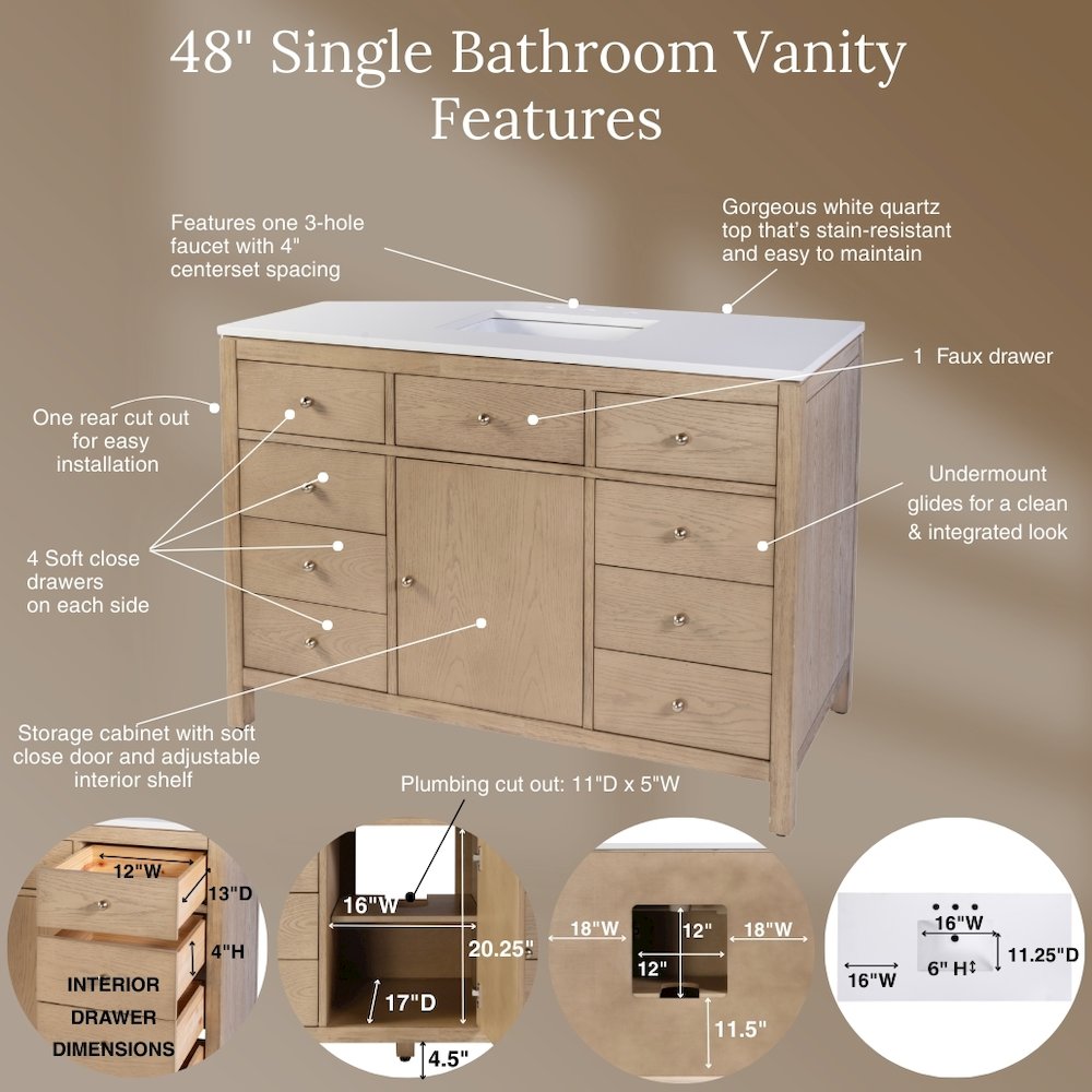 Nora 48 in. W Quartz Single Sink Bathroom Vanity Set, Light Brown