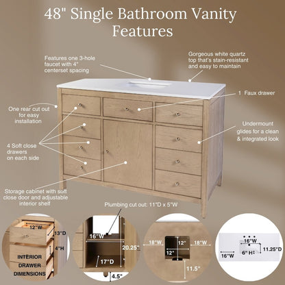 Nora 48 in. W Quartz Single Sink Bathroom Vanity Set, Light Brown