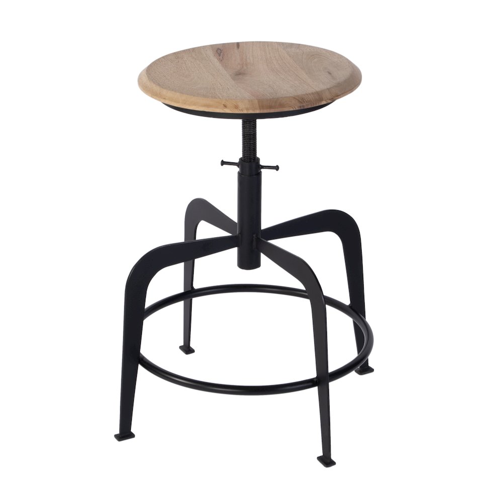 Edison 20-27 in. Adjustable Seat Height Iron Bar Stool, Black, Natural