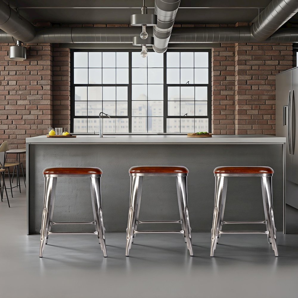 Eastham 24.75 in Seat Height Iron Counter Stool, Brown, Silver
