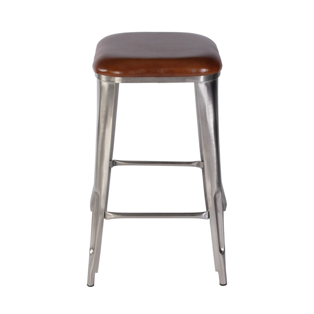 Eastham 30.75 in Seat Height Leather and Iron Bar Stool, Brown, Silver