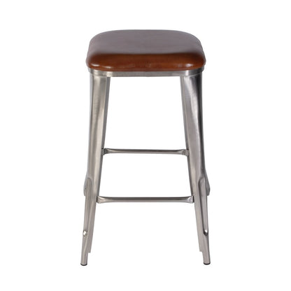 Eastham 30.75 in Seat Height Leather and Iron Bar Stool, Brown, Silver