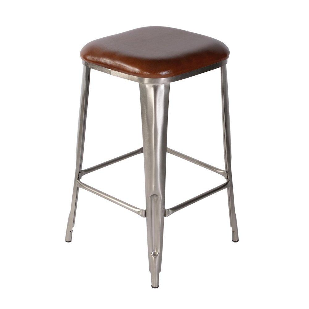 Eastham 30.75 in Seat Height Leather and Iron Bar Stool, Brown, Silver