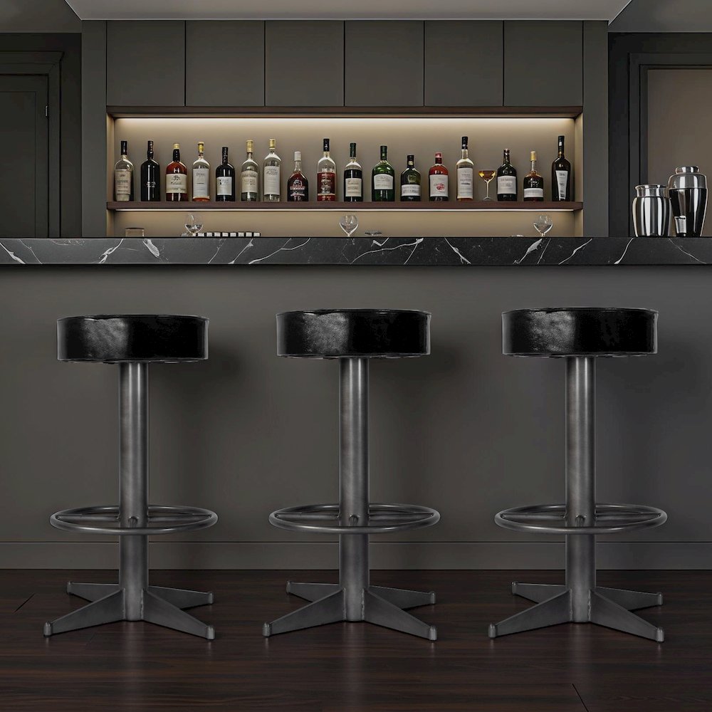 Malcolm 30 in. Seat Height Leather and Iron Bar Stool, Black