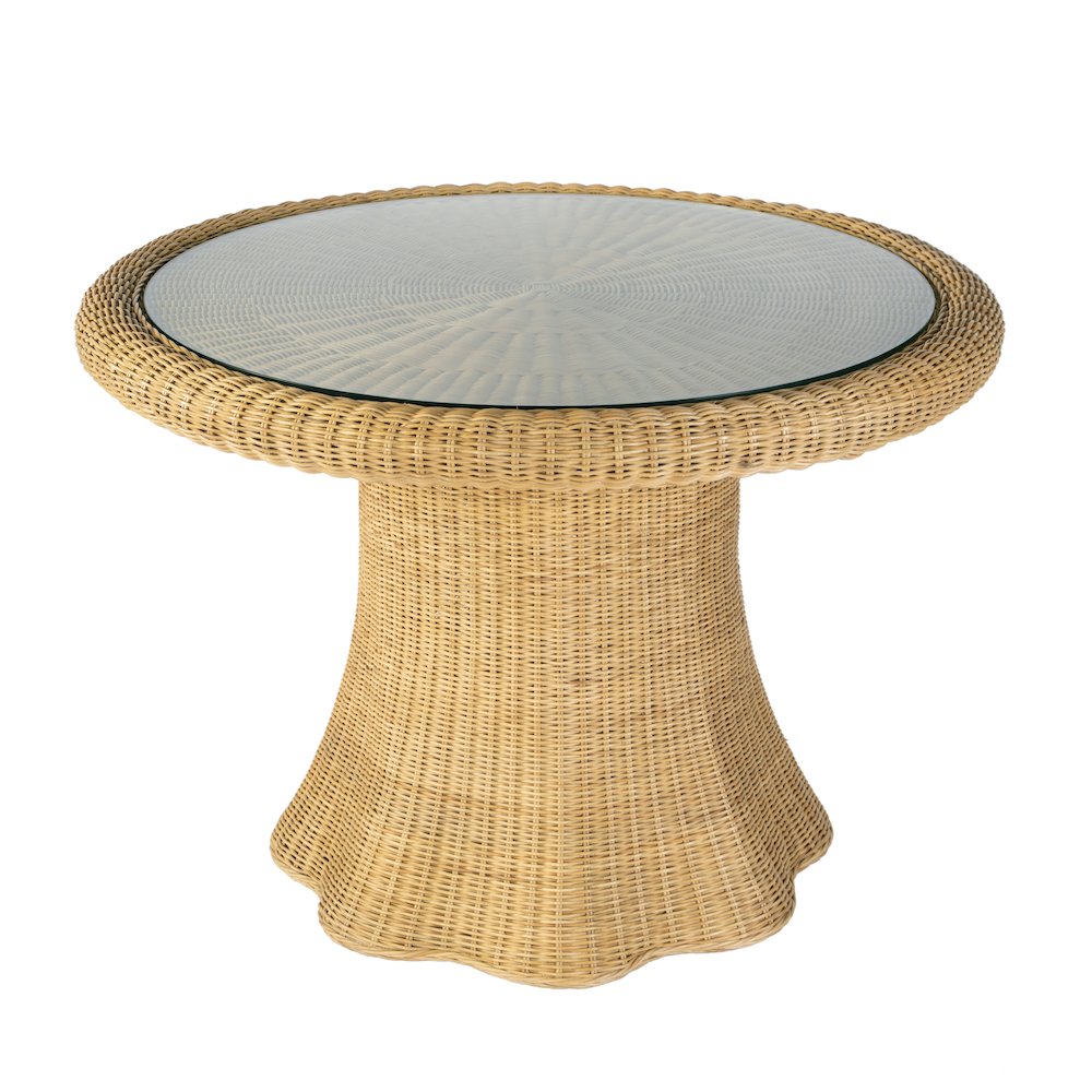 Bonita 42" W Round Rattan Dining Table with Glass Top, Natural