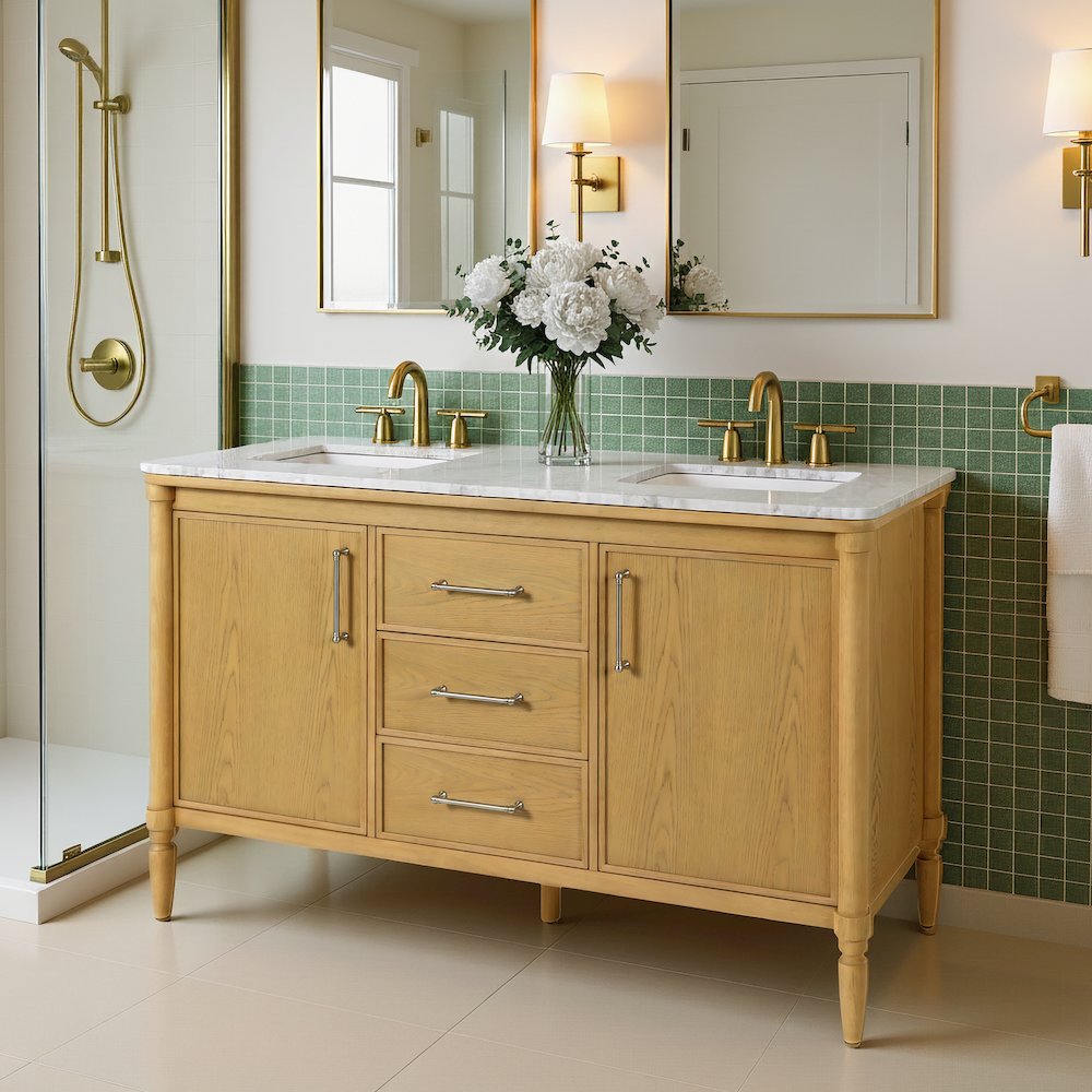 Bianca 60 in. W Marble Top Double Sink Bathroom Vanity, Light Brown