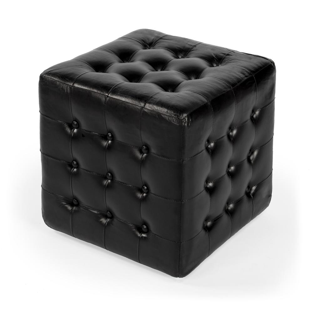 Leon Leather Cube Ottoman, Black