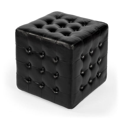 Leon Leather Cube Ottoman, Black