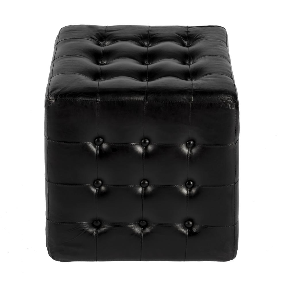 Leon Leather Cube Ottoman, Black