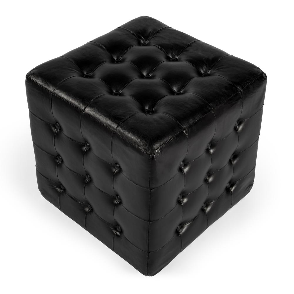 Leon Leather Cube Ottoman, Black