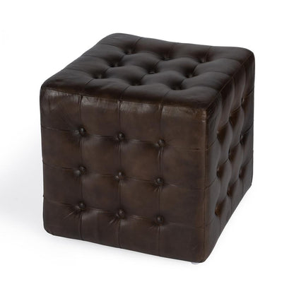 Leon Button Tufted Leather Ottoman, Dark Brown