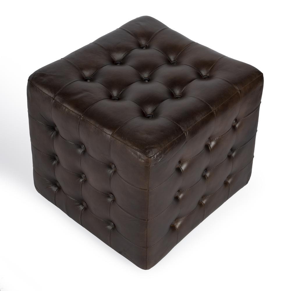 Leon Button Tufted Leather Ottoman, Dark Brown