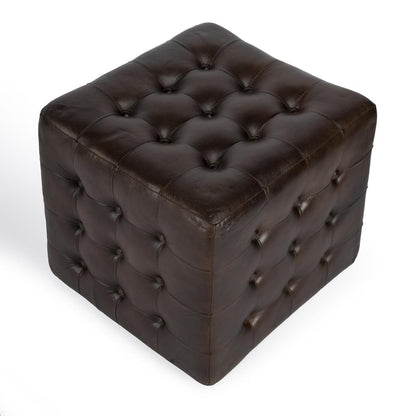 Leon Button Tufted Leather Ottoman, Dark Brown